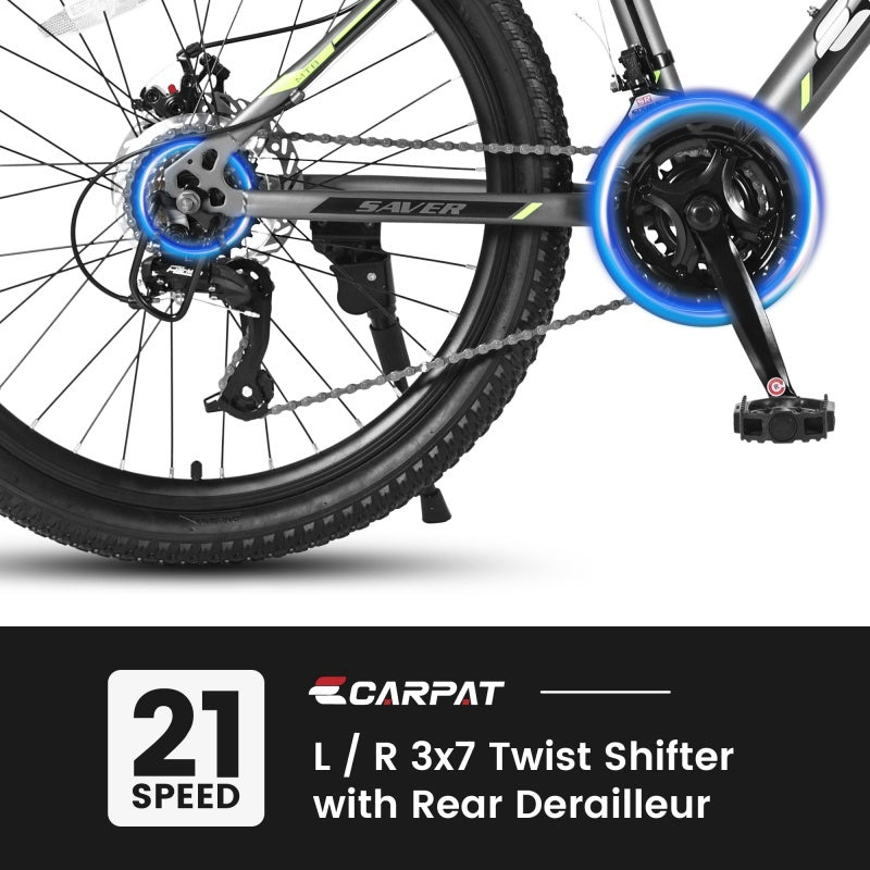 24 Inch Mountain Bike, Suitable For Boys And Girls, Steel Frame, Shimano 21 Speed Mountain Bike, With Dual Disc Brakes And Front Suspension,