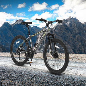24 Inch Mountain Bike, Suitable For Boys And Girls, Steel Frame, Shimano 21 Speed Mountain Bike, With Dual Disc Brakes And Front Suspension,