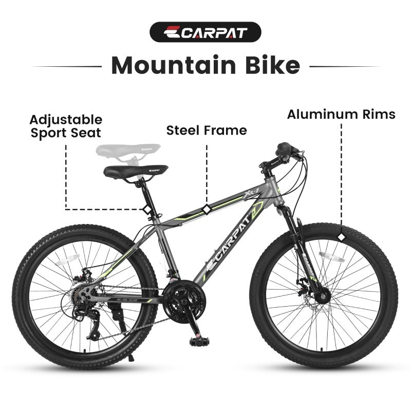 24 Inch Mountain Bike, Suitable For Boys And Girls, Steel Frame, Shimano 21 Speed Mountain Bike, With Dual Disc Brakes And Front Suspension,