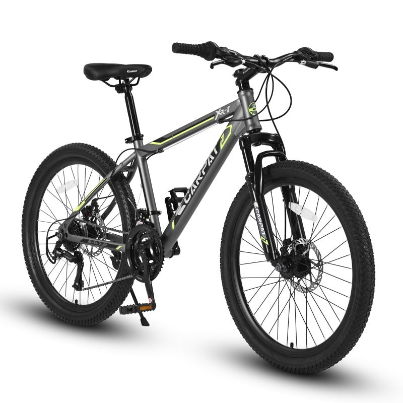 24 Inch Mountain Bike, Suitable For Boys And Girls, Steel Frame, Shimano 21 Speed Mountain Bike, With Dual Disc Brakes And Front Suspension,