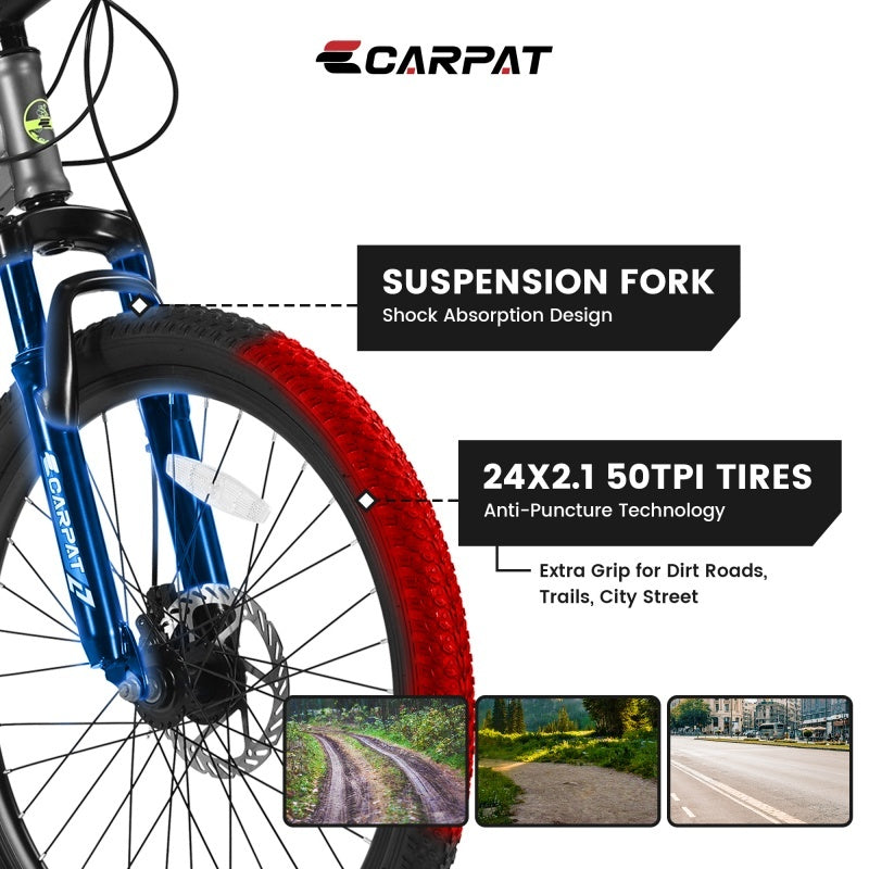 24 Inch Mountain Bike, Suitable For Boys And Girls, Steel Frame, Shimano 21 Speed Mountain Bike, With Dual Disc Brakes And Front Suspension,