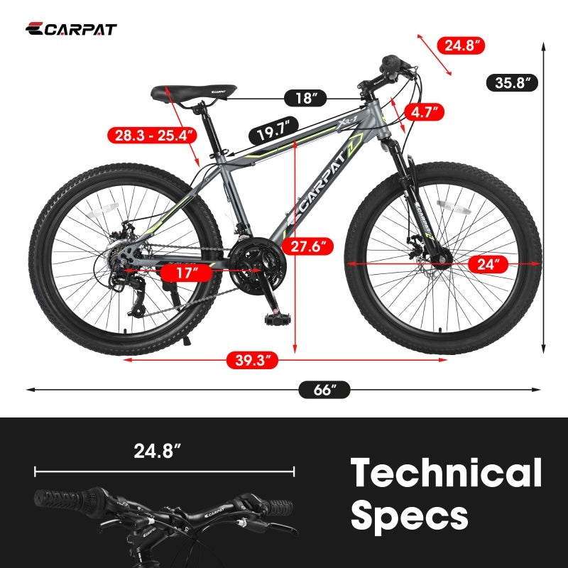 24 Inch Mountain Bike, Suitable For Boys And Girls, Steel Frame, Shimano 21 Speed Mountain Bike, With Dual Disc Brakes And Front Suspension,